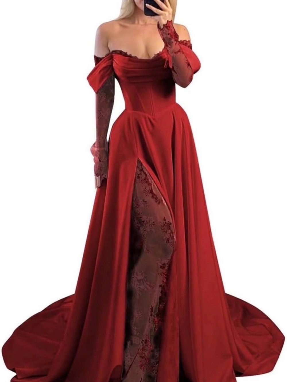 Off-Shoulder Red Lace-Detail Evening Gown